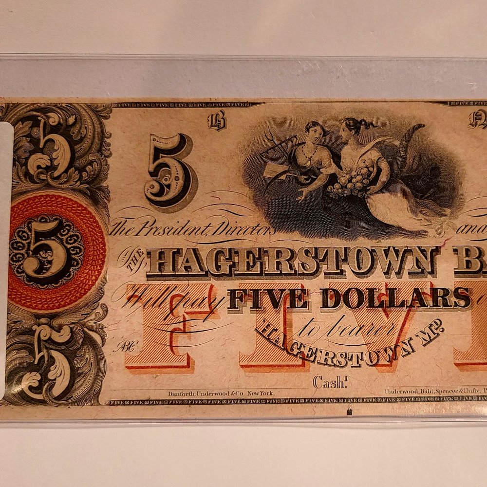 Hagerstown Bank $5 Obsolete Banknote, Ca. 1850s